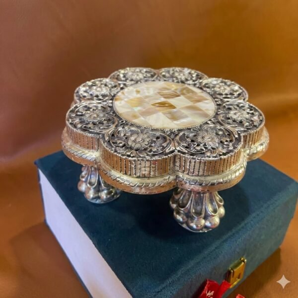 Pure Silver Flower Design Mother of Pearl Chowki